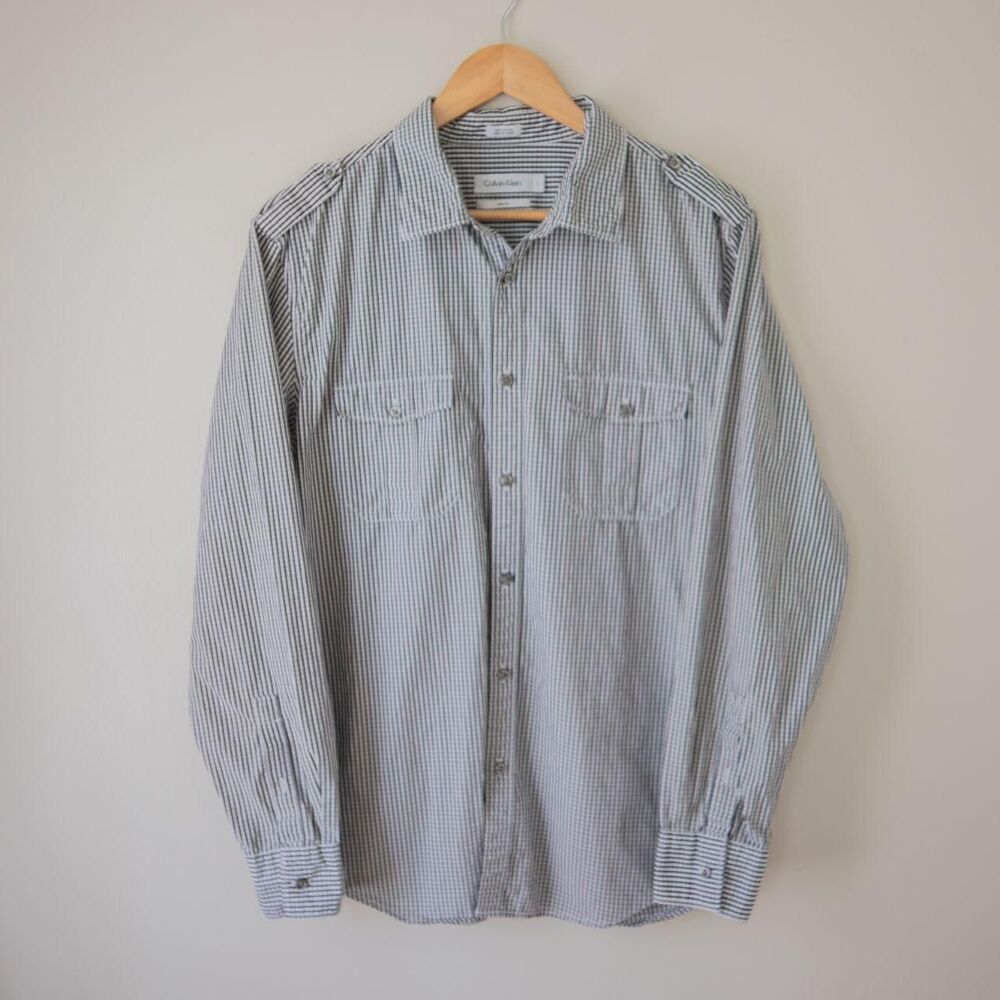 Calvin Klein Gingham black white checker Button Down plaid collared men's shirt